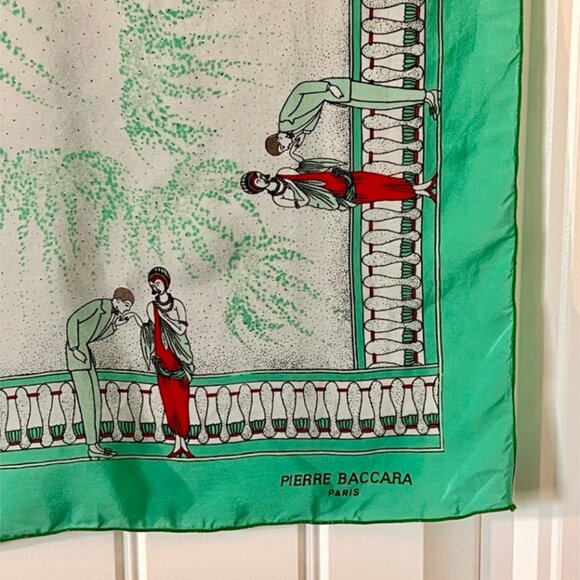 Vintage Pierre Baccara Paris Silk Scarf Hand Rolled Mint Green 1970s Figurative - Picture 5 of 10